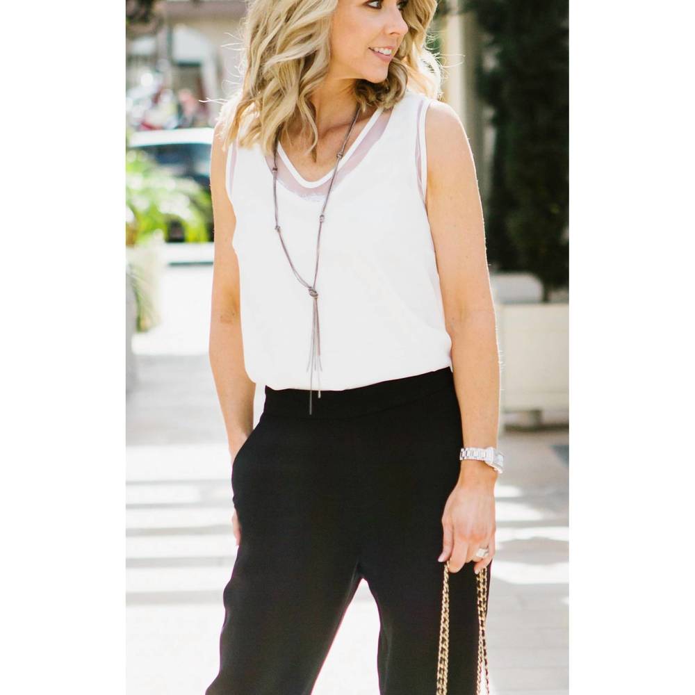 NEW BLACK TAPE mesh trim v-neck tank in ivory